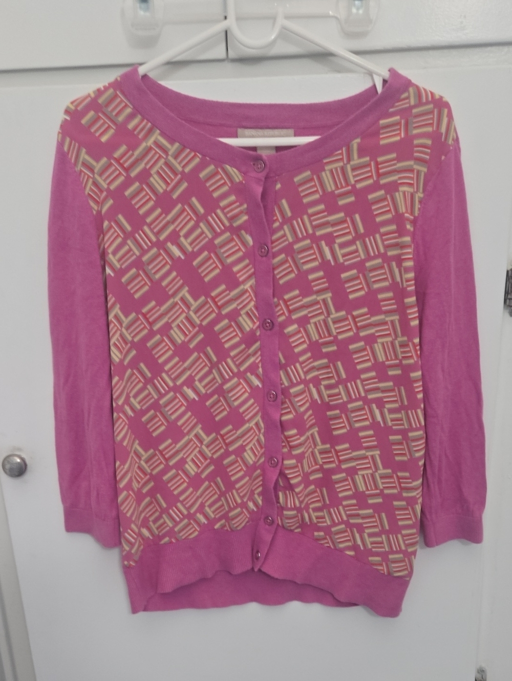 Banana Republic Pink Cardigan with Cream Geometric Print